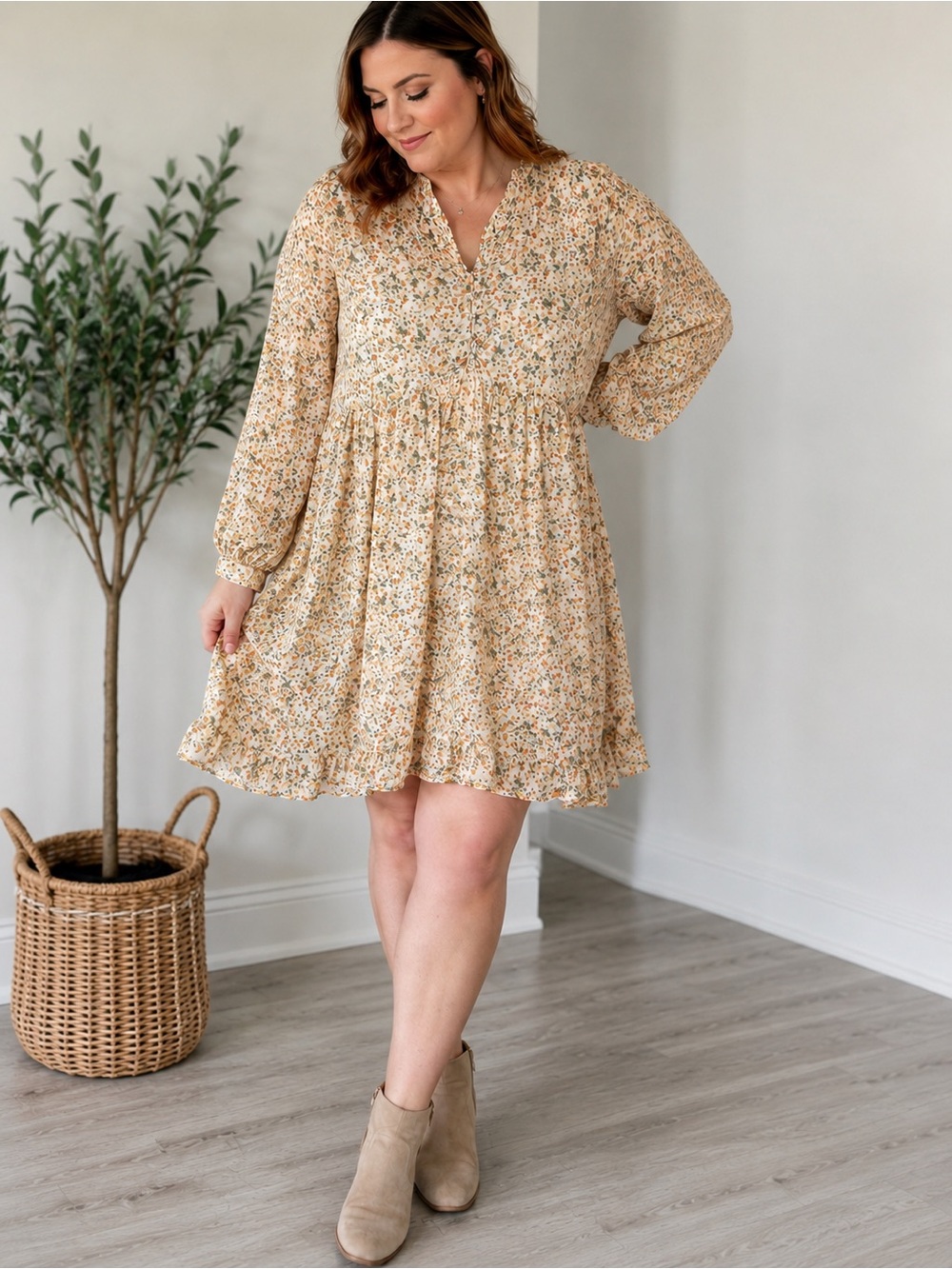 Ces Femme Cream Floral V-Neck Long Sleeve Mini Dress